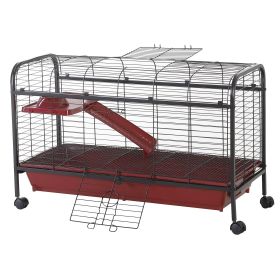 41"L Small Animal Cage, Rabbit Guinea Pig Hutch, Ferret Pet Play House with Feeder, Rolling Wheels, Platform & Ramp, Red/Black