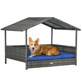 PawHut Wicker Dog House Outdoor With Canopy, Rattan Dog Bed With Water-resistant Cushion, For Small And Medium Dogs, Dark Blue (Option: Blue)