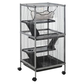 Metal Small Animal Cage Rolling Big Ferret Cage, Chinchilla Cage, Sugar Glider Cage, With Hammock & 4 Tiers, Removable Tray, Gray (Option: Gray)