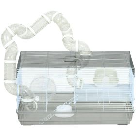 Small Animal Cage for Gerbil or Dwarf Hamster w/ Tubes, Exercise Wheel, Food Dish, Water Bottle, 23" x 13" x 12", Gray (Option: Gray-625x360x170 mm)