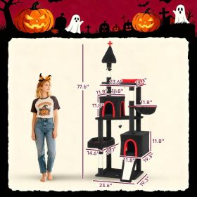 Gothic Cat Tree, Cat Tower With Coffin Bed, 2 Spacious Condos, Sisal Scratching Posts, Bat Hanging Balls, Halloween (Option: Black Red Cream White)