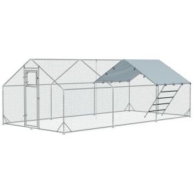 Metal Chicken Run w/ Waterproof & Anti-UV Cover, Feeding Door, Hanging Feeder, for 18-24 Chickens, 9.8' x 19.7' x 6.4' (Option: Silver-1980x380x180 mm)