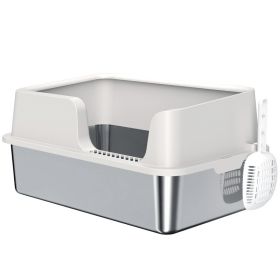 Stainless Steel Litter Box with High Side, Scoop, Easy Cleaning & Anti-Urine Leakage, for Big Cats, Light Gray (Option: Light Gray-615x420x210 mm)