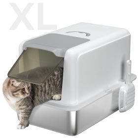 2 in 1 Stainless Steel Cat Litter Box with Removable Lid, Scoop, Filter Bags, for Small to Large Cats, White (Option: White-430x250x640 mm)