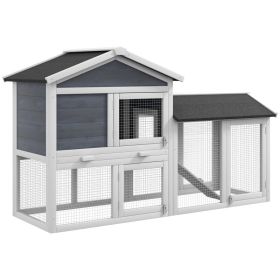 58" Wooden Rabbit Hutch with Run, Removable Tray, Asphalt Roof,  Lockable Doors and Ramp, Gray (Option: gray-885x730x215 mm)