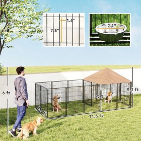 Large Outdoor Dog Kennel With Rotating & Adjustable Height Bowls, Waterproof & UV-Resistant Canopy (Option: Coffee)