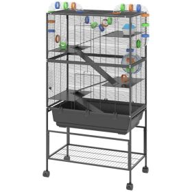 PawHut 5 Tier Hamster Cage, Rolling Rat Cage With Deep Tray, Storage Shelf, Big Exercise Wheel, Hut, Tube System (Option: Black)